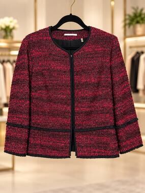 Tahari Black Red Tweed Blazer Raw Hem Fully Lined Size Large Preppy Academia